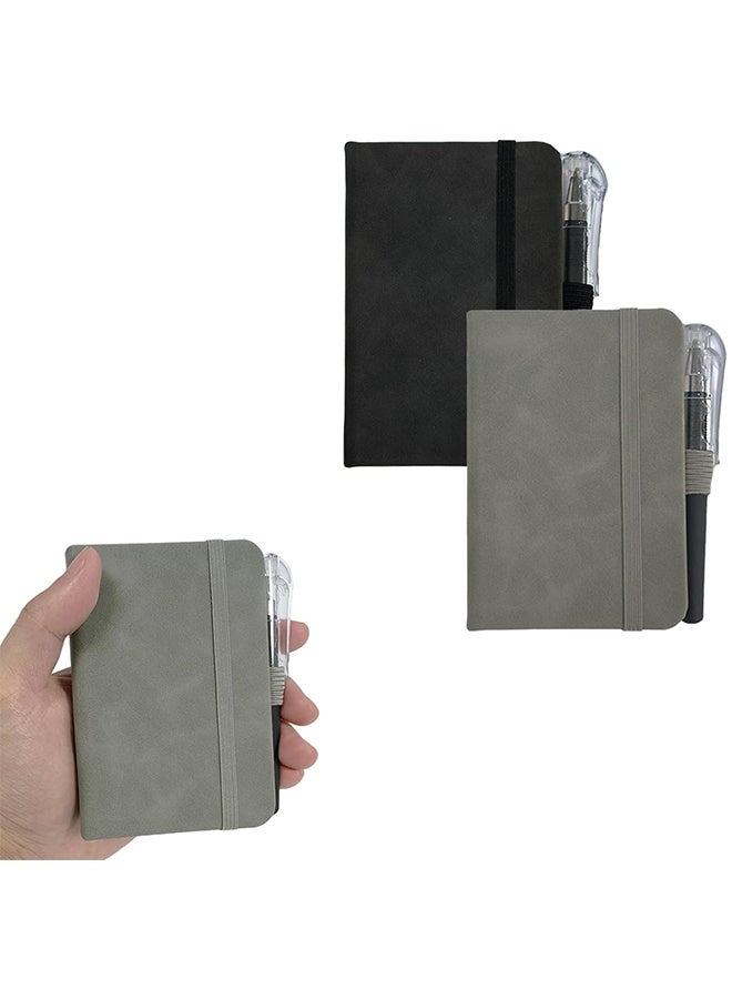 2 Pack Pocket Notebook Journals, 4.3 inches x 3.1 inches 200 Pages Small Notepad Notebooks for Note Taking, Thick Lined Paper, Leather Cover With Pen Holder (Black & Gray) - Image 1